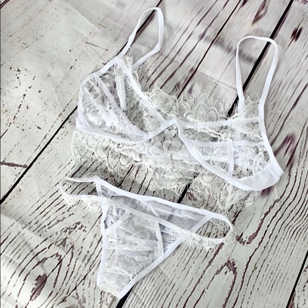 White Sheer Floral Lace Bralette Panties Set
